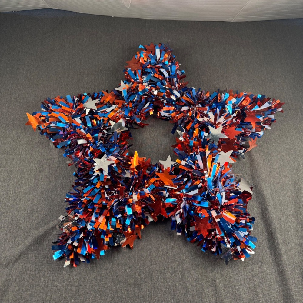 Set of 2 Patriotic Star Tinsel Wreaths Red White Blue 4th of July Decor 21 Inch